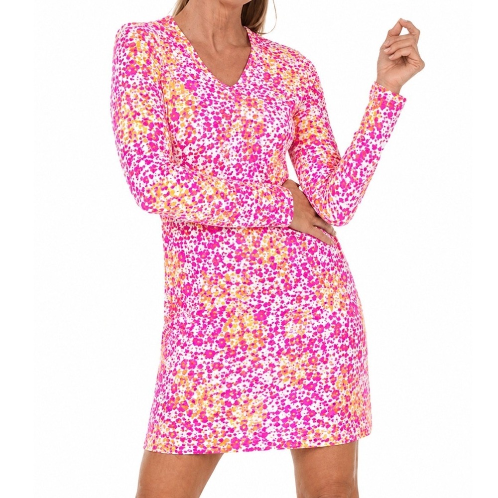 IBKUL UPF50+ V Neck Long Sleeve Mesh Dress Pink Yellow Golf Size Medium